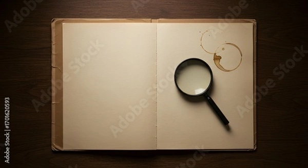 Fototapeta An open vintage journal with blank pages, a magnifying glass, and coffee stains on a dark wooden desk, representing investigation and research