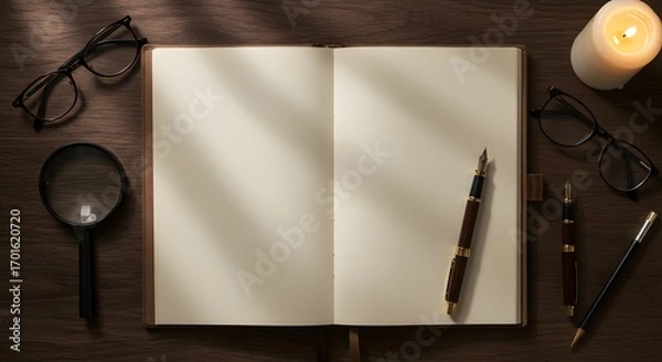 Fototapeta Atmospheric flat lay of a writer's workspace with a blank journal, fountain pen, and magnifying glass illuminated by candlelight