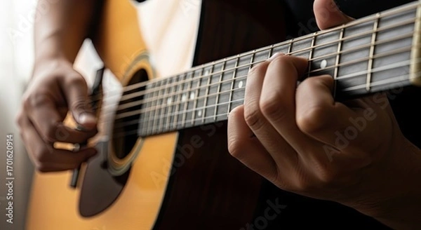Fototapeta A person playing an acoustic guitar with a fingerstyle technique.