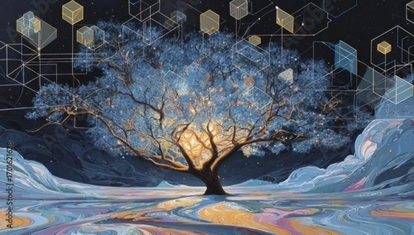 Fototapeta Radiant tree in a digital landscape