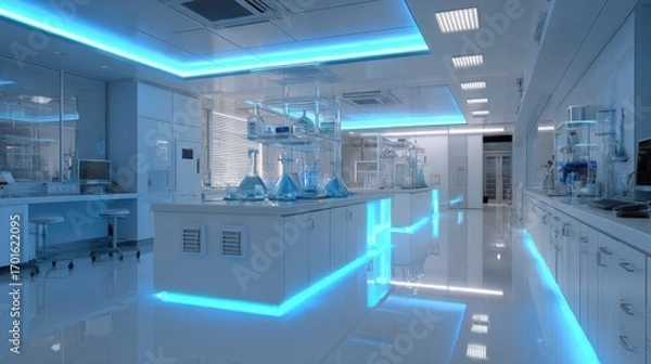 Fototapeta Modern laboratory interior with bright lighting, equipment, and a clean environment for research and experiments.