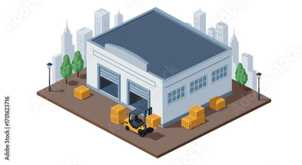 Fototapeta Isometric warehouse with forklift and boxes in urban setting