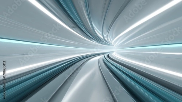 Fototapeta Dynamic light streaks in a blue and white tunnel, captivating visual journey abstract.