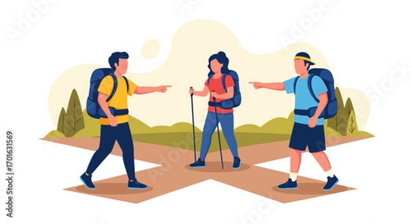 Obraz Three hikers at a crossroads pointing in different directions.