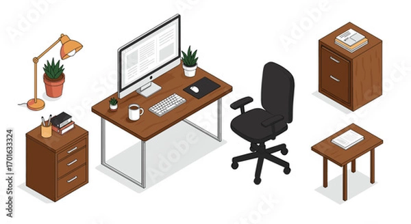 Fototapeta Modern isometric office workspace with desk, computer, and furniture