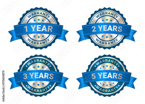 Fototapeta Set of Round silver medal with award blue ribbon, warranty badge icon with 1,2,3,5 years guarantee label, quality assurance seal and certification emblem isolated on white background. Vector EPS10