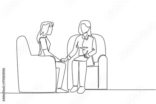 Obraz Single continuous line drawing a woman hold clipboard while hold the hand of woman next to her. Giving resilience. National Mental Health Provider Appreciation Day. One line design vector illustration