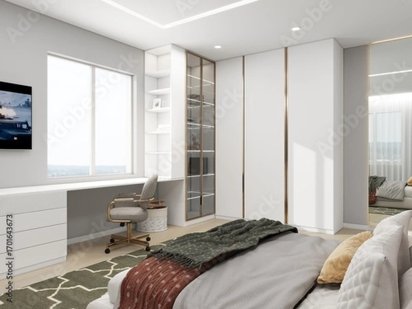 Obraz Bright modern bedroom with built-in desk, glass wardrobe, soft bed, and cozy chair. Minimalist design with neutral tones creates a stylish and comfortable space
