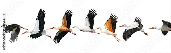 Fototapeta Flock of storks in flight against a white background