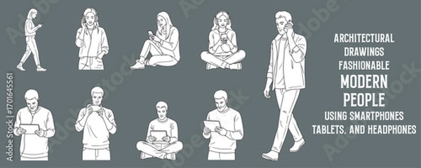 Fototapeta Architectural Drawings fashionable modern people using smartphones, tablets, and headphones vector illustration,  front view, human person Minimal style hand drawn. Sections, Elevations, Floor Plans