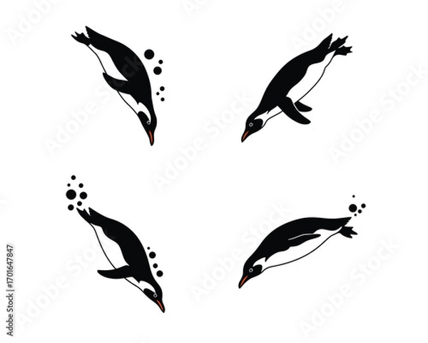 Fototapeta Four stylized black and white illustrations of penguins diving and swimming underwater with bubbles against a white background