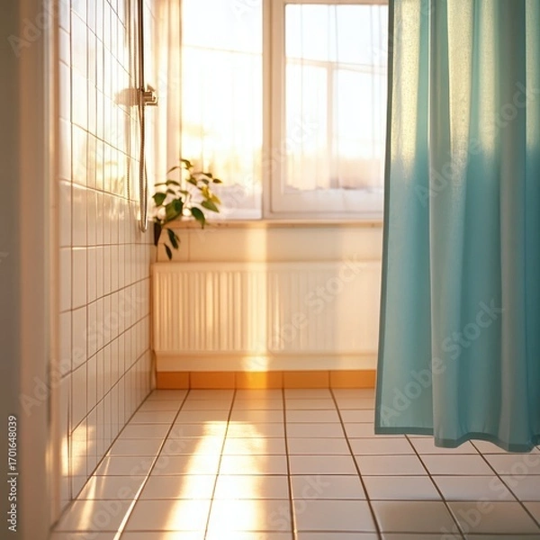 Obraz Sunlight bathes tiled bathroom interior