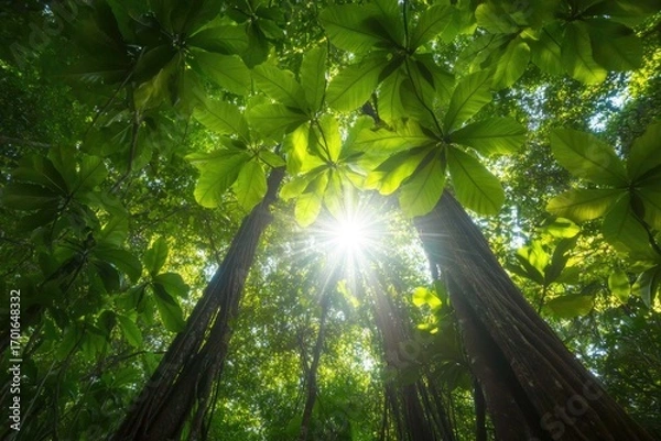 Obraz Sunlight filtering through lush green forest canopy