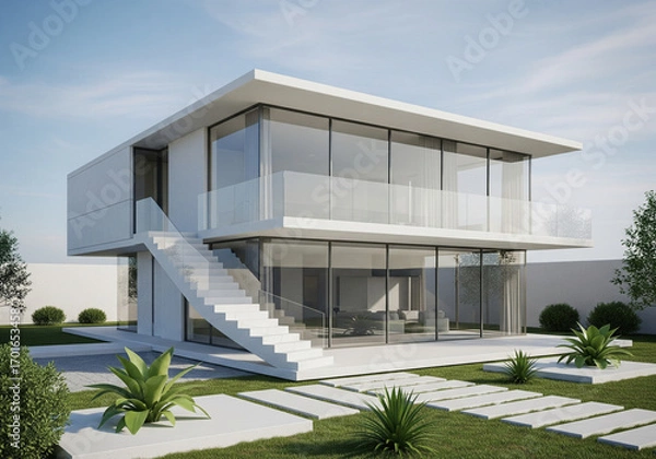 Fototapeta Modern Two-Story House: Architectural Render of a Winding Staircase, White Concrete, and Glass