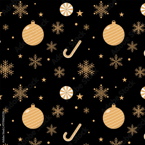 Fototapeta Christmas ornament seamless pattern.Merry Xmas repeat pattern with Christmas balls, gifts, candy canes and snowflakes.Luxury winter, new year pattern in gold isolated on black background.