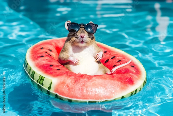 Fototapeta Cool rat in sunglasses chilling on watermelon raft in a summer pool vibe 32k, full ultra hd, high resolution