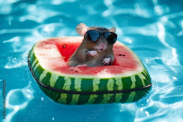 Fototapeta Cool rat in sunglasses chilling on watermelon raft in a summer pool vibe 32k, full ultra hd, high resolution