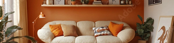 Fototapeta Cozy nook with boucle sofa, eclectic shelf decor, and orange tones