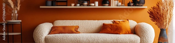Fototapeta Cozy nook with boucle sofa, eclectic shelf decor, and orange tones