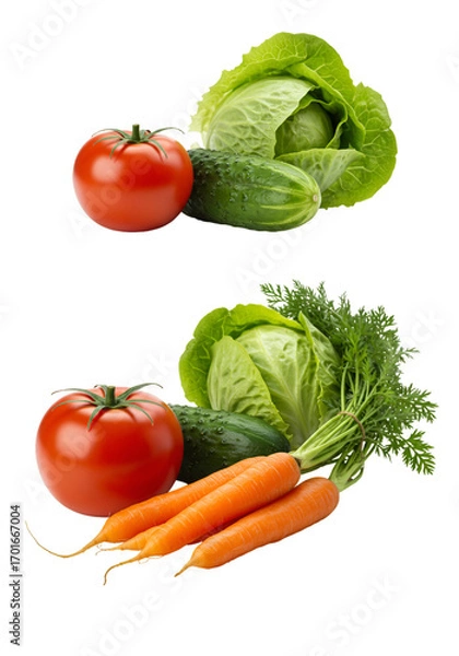 Fototapeta Assortment of fresh vegetables including tomato, lettuce, cucumber, and carrots isolated on transparent background