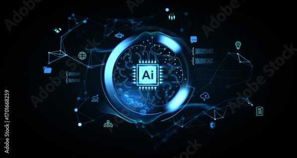 Fototapeta Futuristic concept of artificial intelligence chip integrated in digital brain surrounded by data and network icons on dark background. 3D Rendering