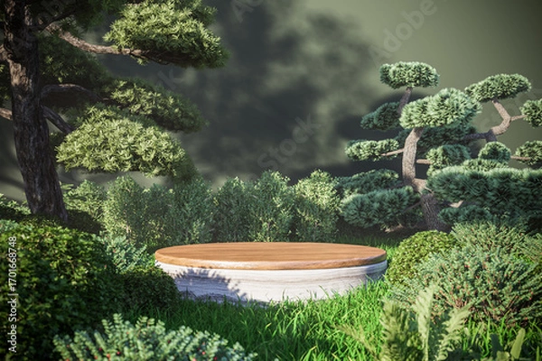 Fototapeta Minimalist Wooden Podium in Natural Outdoor Garden for Product Display 3D Rendering
