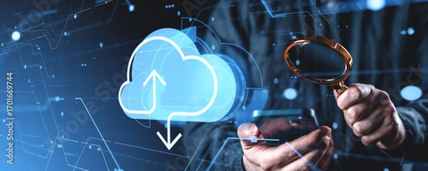 Fototapeta Cloud storage security concept with magnifying glass, data upload and download icons, and digital interface on blue background.