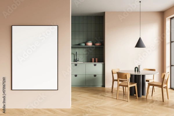 Fototapeta Modern interior with dining area, kitchen and vertical poster mockup on pastel wall, stylish minimalist furniture and soft natural lighting setup. 3D Rendering