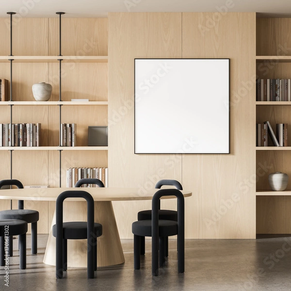 Fototapeta Modern interior design mockup with blank poster on wood wall in minimalist dining room setup with round table and bookshelves. 3D Rendering