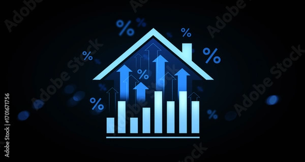 Fototapeta Real estate growth and rising interest rates concept with house, bar chart, and arrows on dark background, symbolizing housing market trends. 3D Rendering