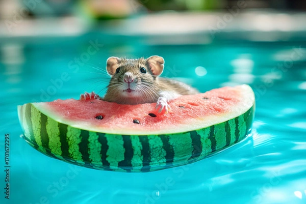 Fototapeta Chill rat on watermelon floating in refreshing blue pool on hot day 32k, full ultra hd, high resolution