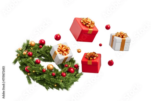 Fototapeta Floating Christmas gifts and decorated wreath with red and gold ornaments on white background. Holiday concept with festive 3D rendering elements. 3D Rendering