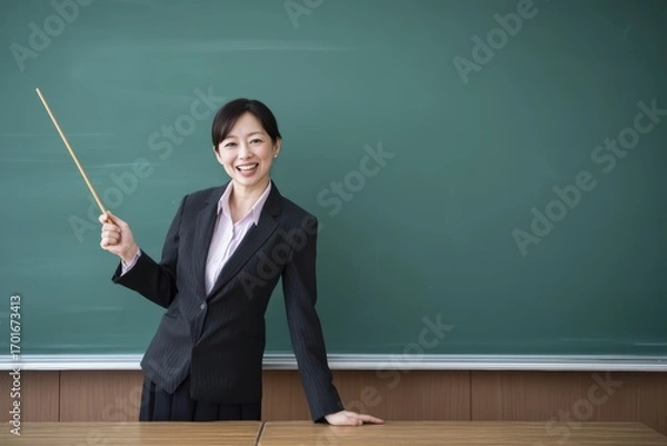 Fototapeta Smiling female teacher in business suit holding pointer stick by green blackboard in classroom. Education and teaching concept.