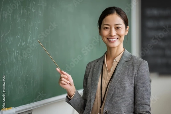 Fototapeta Smiling female teacher in business suit holding pointer stick by green blackboard in classroom. Education and teaching concept.
