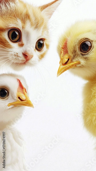 Fototapeta Bright white background framing cat and chick faces with charm 32k, full ultra hd, high resolution