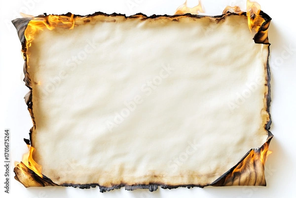 Fototapeta Burnt edge parchment sheet isolated on clean transparent white backdrop