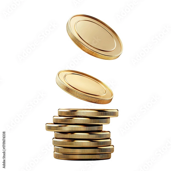Fototapeta Shiny golden coins bouncing above a stack, isolated on transparent cutout background