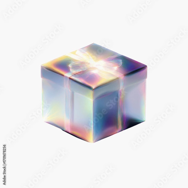 Fototapeta Holographic Gift Box Iridescent Present Wrapped in Shimmering Ribbon