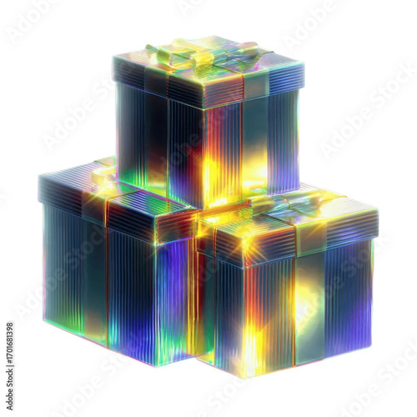 Fototapeta Stack of iridescent gift boxes with glowing ribbons, 3D render