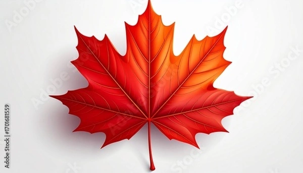 Fototapeta A red maple leaf in autumn, vector drawn with delicate vein lines and a gradient from rich crimson to bright orange, on a clean background