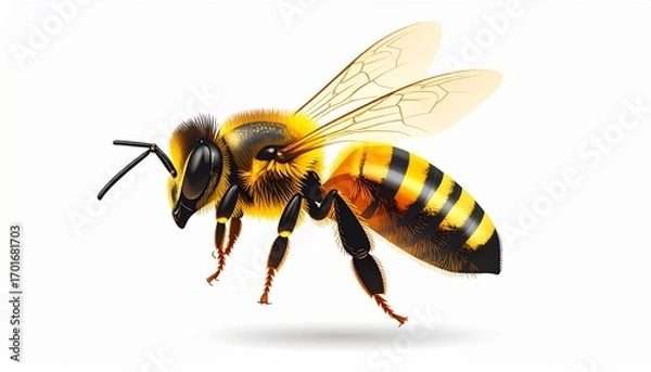 Fototapeta A highly detailed honeybee in profile with vectorized wings and transparent shading, captured mid-flight against a clean white background, showcasing intricate details