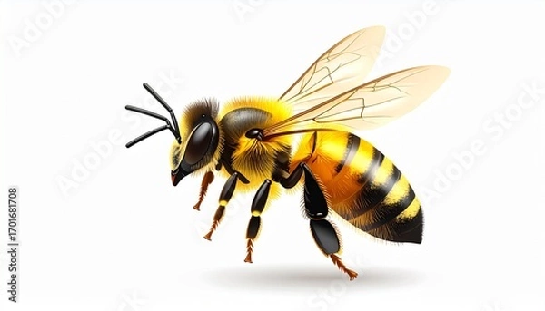 Fototapeta A highly detailed honeybee in profile with vectorized wings and transparent shading, captured mid-flight against a clean white background, showcasing intricate details