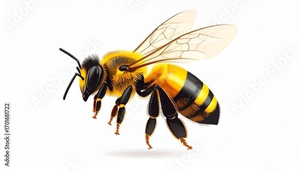 Fototapeta A highly detailed honeybee in profile with vectorized wings and transparent shading, captured mid-flight against a clean white background, showcasing intricate details