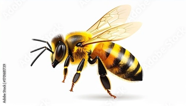 Fototapeta A highly detailed honeybee in profile with vectorized wings and transparent shading, captured mid-flight against a clean white background, showcasing intricate details