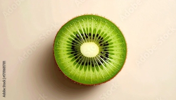 Fototapeta A high-quality render of a cross-section of a ripe kiwi fruit, showing its rich green pulp, small black seeds, and creamy white center