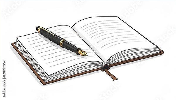 Fototapeta A vector drawing of an elegant fountain pen with gold trim resting on an open, lined notebook with a spiral binding, set against a clean white background