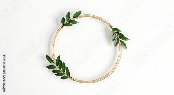 Fototapeta A simple, elegant circular frame adorned with fresh green leaves, arranged symmetrically on a clean white background, evoking nature and minimalism.
