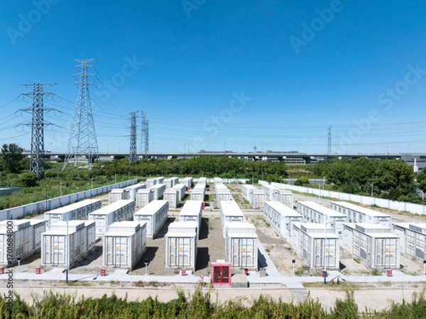 Fototapeta Aerial view of battery energy storage systems under a clear blue sky