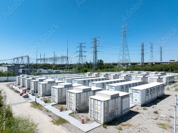 Fototapeta Aerial view of battery energy storage systems under a clear blue sky