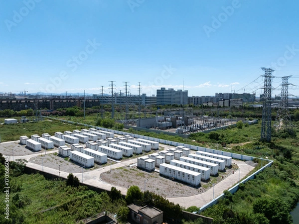 Fototapeta Aerial view of battery energy storage systems under a clear blue sky